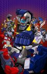  1boy autobot bumblebee_(transformers) crossover decepticon dovianax fighting highres kabuto_kouji mazinger_(series) mazinger_z mazinger_zero_(mecha) mecha megatron optimus_prime punching robot rocket_punch shockwave_(transformers) starscream transformers 