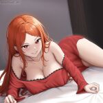  1girl absurdres bare_shoulders bed bed_sheet breasts cleavage dress highres large_breasts long_hair long_sleeves looking_at_viewer lying parted_lips priscilla_barielle re:zero_kara_hajimeru_isekai_seikatsu red_dress red_eyes red_hair shutdown smile solo thighs 