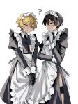  2boys ? absurdres alternate_costume apron black_dress black_gloves blonde_hair commentary_request dress enmaided frilled_apron frills gloves highres limbus_company long_sleeves maid maid_headdress male_focus mu46016419 multiple_boys open_mouth project_moon short_hair sinclair_(limbus_company) sweat white_apron white_background yellow_eyes yi-sang_(limbus_company) 