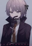  1boy 8kcud black_gloves black_jacket braid collared_shirt commentary_request copyright_name danganronpa:_trigger_happy_havoc danganronpa_(series) genderswap genderswap_(ftm) gloves grey_background hair_ribbon jacket kirigiri_kyoko male_focus necktie open_clothes open_jacket purple_eyes purple_hair ribbon shirt side_braid simple_background solo upper_body 