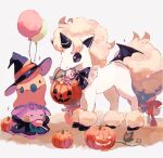  animal_focus balloon candy food galarian_ponyta goomy hat highres horse jack-o&#039;-lantern lollipop no_humans pokemon pokemon_(creature) red_ribbon ribbon slime_(substance) slug solid_oval_eyes sparkle su_(sajo_su5) white_background witch_hat 