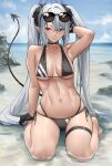  1girl absurdres arm_up beach black_choker black_gloves blue_archive breasts choker closed_mouth demon_tail eyewear_on_head full_body gloves grey_hair halo highres iori_(blue_archive) iori_(swimsuit)_(blue_archive) long_hair medium_breasts navel pointy_ears red_eyes solo stomach sunglasses tail thigh_strap very_long_hair water wet yoshio_(55level) 