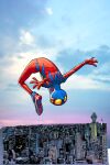  1boy absurdres artist_request bailey_briggs blue_mask building child cityscape cloud cloudy_sky comic_cover english_commentary highres male_child male_focus marvel new_york official_art second-party_source sky skyscraper solo spider-boy_(spider-man) spider-man_(series) spider-verse spider-verse_(comics) two-tone_bodysuit western_comics_(style) 