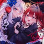  2girls absurdres anniversary arm_hug baobhan_sith_(fate) blue_eyes blush braid candy_apple fangs fate/grand_order fate_(series) flower food grey_eyes hair_flower hair_intakes hair_ornament highres japanese_clothes kimono lantern long_hair looking_at_viewer morgan_le_fay_(fate) multiple_girls obi open_mouth paper_lantern red_hair sash smile spica/kanade summer_festival very_long_hair white_hair 