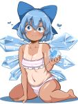  1girl absurdres alternate_costume arm_support bare_legs barefoot bikini blue_bow blue_eyes blue_hair bow breasts cirno commentary_request covered_nipples eyelashes fingerless_gloves frills frozen full_body gloves hair_between_eyes hair_bow heart highres himajin_noizu holding leaning_forward looking_at_viewer petite shadow short_hair simple_background small_breasts smile solo striped striped_bikini swimsuit tan tanlines tanned_cirno touhou twitter twitter_logo white_background 