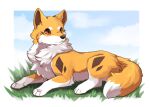  canid canine canis cloud dipstick_tail domestic_dog female feral fox fur grass hybrid kitsuneinu lying mammal markings orange_body orange_fur plant red_eyes sky solo tail tail_markings tsukune_minaga tuft white_body white_fur 