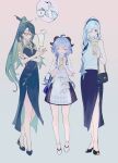  3girls bag bird black_footwear black_hair black_skirt blue_hair blush closed_eyes closed_mouth cloud_retainer_(genshin_impact) crane_(animal) crossed_legs cup disposable_cup dress drinking earrings full_body ganyu_(genshin_impact) ganyu_(heytea)_(genshin_impact) genshin_impact green_hair hair_over_one_eye highres horns jewelry long_hair multicolored_hair multiple_girls nail_polish qingxin_gua_yu red-framed_eyewear shenhe_(genshin_impact) shenhe_(heytea)_(genshin_impact) shoes short_sleeves side_slit simple_background skirt standing very_long_hair watson_cross white_footwear 