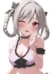  ;d breasts grey_hair hair_ribbon hand_on_own_cheek hand_on_own_face highres idolmaster idolmaster_cinderella_girls kanzaki_ranko kono_(116) looking_at_viewer medium_breasts official_alternate_hairstyle one_eye_closed red_eyes ribbon smile sweat swimsuit white_background 