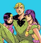  1girl 2boys arm_around_shoulder crossdressing dress facial_mark family green_hair hage_tashuumi hair_ornament hairclip higashikata_jobin higashikata_mitsuba higashikata_tsurugi hood hoodie jojo_no_kimyou_na_bouken jojolion multiple_boys official_style origami origami_frog otoko_no_ko polka_dot polka_dot_dress purple_hair scar short_hair spikes stone_nose undercut 