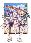  3girls animal_ears ayanami_(azur_lane) azur_lane barefoot bikini bikini_top_only blonde_hair blue_eyes blue_skirt blush breasts choker cleavage cross_hair_ornament day fake_animal_ears flower hair_between_eyes hair_flower hair_ornament headgear heart holding holding_sword holding_weapon javelin_(azur_lane) javelin_(beach_picnic!)_(azur_lane) kuroinu9 laffey_(azur_lane) looking_at_viewer manjuu_(azur_lane) miniskirt multiple_girls navel no_shoes official_alternate_costume one_eye_closed outdoors outside_border panties pleated_skirt ponytail purple_hair purple_nails rabbit_ears red_eyes sitting skirt soles swimsuit sword thighhighs twintails underwear weapon white_hair white_panties white_thighhighs yellow_eyes z23_(azur_lane) zettai_ryouiki 