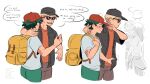  2boys 2girls backpack bag bakugou_katsuki baseball_cap black_shirt blonde_hair blush boku_no_hero_academia brown_pants closed_mouth commentary daniartonline english_text freckles green_eyes green_hair grey_shirt hand_on_another&#039;s_neck hat highres looking_at_another male_focus midoriya_izuku multiple_boys multiple_girls open_clothes open_mouth open_shirt orange_shirt pants red_headwear scar scar_on_arm scar_on_hand shirt short_hair short_sleeves simple_background speech_bubble spiked_hair standing sunglasses t-shirt white_background yaoi yellow_bag 