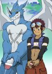  abs absurd_res anthro balls bandai_namco blue_body brown_hair davis_motomiya digimon digimon_(species) duo exveemon eyewear flaccid genitals goggles hair hi_res human male mammal muscular muscular_male pecs peeing peeing_together penis red_eyes scalie wings wttao0213 