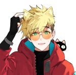  1boy :d animal_ears black_cat black_gloves black_shirt blonde_hair blue_eyes blush cat cat_ears coat commentary_request earrings fangs glasses gloves hair_between_eyes hand_up hood hood_down hooded_coat jewelry kemonomimi_mode kuroneko_(trigun) long_sleeves male_focus mole mole_under_eye open_clothes open_coat open_mouth orange-tinted_eyewear partially_fingerless_gloves red_coat round_eyewear shirt short_hair simple_background single_earring smile solo sweatdrop tinted_eyewear trigun trigun_stampede turtleneck undercut upper_body vash_the_stampede white_background yasuda_(info_yasuda) zipper 