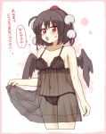  1girl babydoll bare_arms bare_shoulders black_hair black_panties black_wings blush bow bow_panties breasts collarbone commentary_request cropped_legs feathered_wings flying_sweatdrops hair_between_eyes hat highres looking_at_viewer medium_breasts navel open_mouth panties red_eyes red_headwear see-through shameimaru_aya solo sweat tokin_hat totoharu_(kujirai_minato) touhou translation_request underwear underwear_only white_background wings 