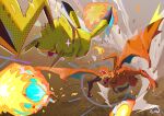  absurdres charizard claws commentary demong3 dragon falling fire fireball flame-tipped_tail highres no_humans open_mouth pikachu pokemon pokemon_(creature) rock sparkle teeth tongue 