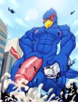  avian bird blue_body bodily_fluids bus city commercial_vehicle cum cum_on_ground erection excessive_cum excessive_genital_fluids falco_lombardi genital_fluids genitals hi_res katsuke looking_down looming low-angle_view macro male muscular muscular_male nintendo penis penis_grab public_transportation star_fox vehicle vehicle_for_hire vein veiny_penis worship 