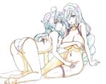 2girls ahoge all_fours ass barefoot bikini blue_hair breasts color_trace covering covering_breasts ganyu_(genshin_impact) genshin_impact goat_horns hair_over_one_eye highres horns kotokoto_(jumon) large_breasts long_hair looking_at_viewer multiple_girls navel nude open_mouth shenhe_(genshin_impact) simple_background sitting smile swimsuit very_long_hair yokozuwari 