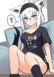  1girl ? absurdres ahoge animal_ear_fluff animal_ears black_hairband black_shirt black_socks commentary_request couch earrings fox_ears fox_girl fox_tail green_eyes hair_between_eyes hairband highres hololive indoors jewelry long_hair looking_at_viewer on_couch shirakami_fubuki shirakami_fubuki_(7th_costume) shirokuma_pino shirt short_sleeves sidelocks sitting socks solo spoken_question_mark tail virtual_youtuber white_hair 