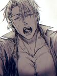  1boy collarbone collared_shirt fangs greyscale hickey highres jujutsu_kaisen large_pectorals looking_at_viewer male_focus monochrome nanami_kento neconii_oo open_clothes open_mouth open_shirt pectorals shirt solo teeth upper_body 
