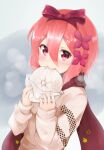  1girl alternate_costume baozi blush bow_hairband eating food hair_between_eyes hair_ornament hairband highres holding holding_food kotomochixx long_sleeves ookurikara_(tenka_hyakken) red_eyes red_hair red_scarf scarf sidelocks simple_background solo sweater tenka_hyakken upper_body white_sweater winter_clothes wrapper x_hair_ornament 