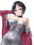 1girl absurdres bare_shoulders black_choker black_hair blush breasts choker cleavage collarbone covered_navel dress earrings hayami_kanade highres idolmaster idolmaster_cinderella_girls idolmaster_cinderella_girls_starlight_stage jewelry lamp_p9 looking_at_viewer medium_breasts necklace off_shoulder open_mouth parted_bangs red_sweater short_hair smile solo sweater underboob wet wet_clothes white_dress yellow_eyes 