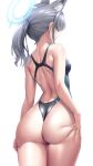  1girl animal_ear_fluff animal_ears ass ass_grab black_one-piece_swimsuit blue_archive blue_halo breasts competition_swimsuit deep_skin extra_ears from_behind grabbing_own_ass grey_hair halo highleg highleg_swimsuit highres ken_ill long_hair looking_at_viewer looking_back low_ponytail multicolored_clothes multicolored_swimsuit official_alternate_costume one-piece_swimsuit shiny_skin shiroko_(blue_archive) shiroko_(swimsuit)_(blue_archive) simple_background solo standing swimsuit two-tone_swimsuit wet wet_clothes wet_swimsuit white_background wolf_ears 