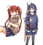  2girls alternate_costume blue_eyes blue_hair blue_skirt blue_sweater brown_vest falchion_(fire_emblem) fire_emblem fire_emblem_awakening hair_between_eyes holding holding_sword holding_weapon long_hair looking_at_another lucina_(fire_emblem) multiple_girls red_eyes red_hair school_uniform severa_(fire_emblem) sheath sheathed shippo3101 skirt sweater sword thighhighs twintails vest weapon white_background 