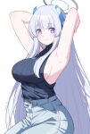  1girl alternate_costume armpits arms_behind_head arms_up black_sweater blue_archive blue_pants breasts closed_mouth denim grey_hair halo highres jeans large_breasts long_hair looking_at_viewer noa_(blue_archive) pants purple_eyes reia_76 ribbed_sweater sideboob sidelocks simple_background sleeveless sleeveless_sweater sleeveless_turtleneck smile solo sweater turtleneck very_long_hair white_background 