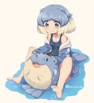  1girl :3 animal_ears bare_legs bare_shoulders barefoot blue_eyes blue_hair blue_jacket blue_one-piece_swimsuit blush brown_background brown_hair closed_mouth collarbone commentary_request fangs jacket kuromiya multicolored_hair off_shoulder one-piece_swimsuit open_clothes open_jacket personification pokemon pokemon_(creature) ripples soles spheal swimsuit swimsuit_under_clothes tail thick_eyebrows twitter_username two-tone_hair water 