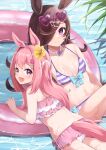  2girls absurdres alternate_costume animal_ears bikini black_hair blue_bow blue_eyes blush bow breasts brown_hair closed_mouth commentary_request flower frilled_bikini frills hair_between_eyes hair_flower hair_ornament hair_over_one_eye hairclip haru_urara_(umamusume) hibiscus highres horse_ears horse_girl horse_tail innertube jewelry kimukichi_0224 leaf long_hair looking_at_viewer medium_breasts multiple_girls navel necklace ocean open_mouth pink_bikini pink_hair purple_eyes rice_shower_(umamusume) small_breasts smile swimsuit tail umamusume wet 