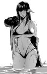  1girl au_ra bikini black_hair breasts club3 dragon_horns dragon_tail final_fantasy final_fantasy_xiv greyscale highres horns large_breasts long_hair looking_at_viewer monochrome navel open_clothes open_shirt scales see-through see-through_skirt skirt solo standing swimsuit tail water wet yugiri_mistwalker 