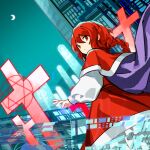  braid cape capelet crescent cross hexagram kaigen_1025 long_braid looking_at_viewer okazaki_yumemi phantasmagoria_of_dim.dream red_capelet red_eyes red_hair red_skirt red_vest science_fiction skirt touhou touhou_(pc-98) vest 