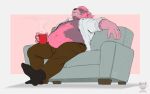  anthro belly belly_hair big_belly body_hair bottomwear clothed clothing fangs felid furniture hi_res hot_beverage male mammal mug navel open_clothing open_shirt open_topwear overweight pants relaxing shirt sitting sofa solo teeth topwear xantouke 