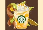  animal_focus brown_background cappuccino_(drink) closed_eyes coffee_cup cup disposable_cup drink food_focus hatterene mi_ho_chi no_humans nostrils open_mouth pokemon pokemon_(creature) solo starbucks tropius whipped_cream 