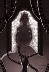 1girl 1other absurdres artist_name bare_shoulders biting broken_mirror chain crown dated dress greyscale grin highres horns horror_(theme) looking_at_viewer mirror monochrome multiple_persona multiple_views slay_the_princess smile teeth thecrownash white_eyes 