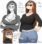  00niine 2023 anthro bottomwear breasts brown_hair canid canine clothed clothing crossed_arms denim denim_clothing elysia_(00niine) english_text eyewear female frown fully_clothed glasses hair hand_on_hip hi_res jeans long_hair mammal mature_anthro mature_female pants simple_background solo standing text topwear 