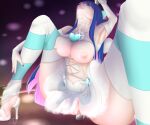  blue_hair breasts clothing colored_nails exposed_breasts female footwear genitals hair hi_res high_heels human legwear long_hair mammal nails not_furry pink_hair pole pussy solo spread_legs spreading stocking_(pswg) stripper_pole thigh_highs yinminni 