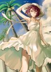  1girl arm_up armpits bird blue_sky breasts brown_eyes closed_mouth cloud cloudy_sky collarbone day dress feet_out_of_frame highres kkheicho koimonogatari looking_at_viewer medium_breasts monogatari_(series) nail_polish official_alternate_costume outdoors palm_tree pink_nails purple_hair seagull senjougahara_hitagi shadow short_hair sketch sky sleeveless sleeveless_dress solo tree twitter_username white_dress white_headwear 