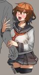  1boy 1girl alternate_breast_size blush breasts brown_eyes brown_hair ergot fang hair_ornament hairclip ikazuchi_(kancolle) kantai_collection large_breasts open_mouth red_scarf scarf signature skirt thighhighs 