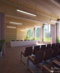  3d ceiling ceiling_light chair curtains grass highres indoors interior no_humans original plant potted_plant press_conference scenery shadow sunlight surafin table tree wall window wooden_ceiling wooden_floor wooden_wall 