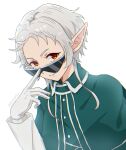  1girl adjusting_eyewear akane_(akaneoekaki0928) cloak elf gloves green_cloak highres jacket looking_at_viewer mushoku_tensei pointy_ears red_eyes short_hair solo sunglasses sylphiette_(mushoku_tensei) white_gloves white_hair white_jacket 