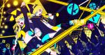  1boy 1girl aqua_eyes backwards_hat baseball_cap black_jacket black_pants black_sailor_collar black_shirt black_skirt bow caution_tape chain collared_shirt commentary crop_top gold_chain grin hair_bow hair_ornament hairclip hat headphones jacket kagamine_len kagamine_rin looking_at_viewer midriff miniskirt navel neckerchief omaru_taro one_eye_closed open_mouth pants pendant_choker rettou_joutou_(vocaloid) road_sign sailor_collar school_uniform serafuku shirt sign skirt smile spiked_hair star_(symbol) swept_bangs vocaloid white_shirt yellow_bow yellow_neckerchief 