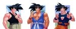  1boy absurdres bara belt black_belt black_hair black_tank_top brown_pants carless_(ppanic) closed_eyes closed_mouth dougi dragon_ball dragon_ball_gt dragon_ball_z highres large_pectorals male_focus martial_arts_belt muscular muscular_male open_mouth pants pectorals short_hair smile son_goku spiked_hair tank_top torn_clothes wristband 