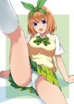  1girl :d blue_eyes bob_cut border bow bow_hairband bowtie breasts collared_shirt commentary_request go-toubun_no_hanayome green_background green_bow green_bowtie green_hairband green_skirt hair_between_eyes hairband kneehighs large_breasts leg_up looking_at_viewer mirai_denki nakano_yotsuba orange_hair outside_border panties pantyshot plaid plaid_bow plaid_bowtie pleated_skirt school_uniform shirt short_hair short_sleeves sitting skirt smile socks solo striped striped_panties sweater_vest underwear white_border white_panties white_shirt white_socks yellow_sweater_vest 