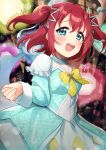  1girl absurdres arm_up birthday blush breasts commentary green_eyes highres kurosawa_ruby kyaku_tatsu looking_at_viewer love_live! love_live!_sunshine!! medium_hair red_hair sidelocks signature small_breasts smile solo two_side_up upper_body 