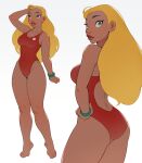  1girl ass back_cutout barefoot blonde_hair breasts brown_lips cheshirrr clothing_cutout collarbone commentary dark-skinned_female dark_skin english_commentary extra flat_ass full_body green_eyes highres lifeguard_(lilo_&amp;_stitch) lilo_&amp;_stitch lips long_hair medium_breasts mismatched_eyebrows multiple_views nose one-piece_swimsuit red_one-piece_swimsuit solo standing swimsuit thick_thighs thighs toenails watch wide_hips wristwatch 