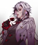  1girl alcohol arlecchino_(genshin_impact) artist_name black_gloves black_hair black_nails black_shirt black_vest breasts collared_jacket cup drinking_glass earrings eyelashes fingernails genshin_impact glass gloves gradient_background grey_background grey_hair hair_between_eyes hand_up highres holding holding_cup jacket jewelry lips lipstick long_fingernails long_sleeves looking_at_viewer makeup mandarin_collar medium_breasts multicolored_hair multicolored_nails nail_polish open_clothes open_jacket pink_hair red_eyes red_nails ring shirt short_hair simple_background solo teeth v-shaped_eyebrows vest white_background white_jacket wine wine_glass wing_collar yu1xakii 