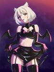  1girl absurdres animal_ear_fluff animal_ears bare_shoulders black_gloves black_panties black_skirt black_wings breasts brown_eyes cleavage cleavage_cutout clothing_cutout commentary_request demon_girl demon_tail demon_wings elbow_gloves garter_straps gloves grey_hair hair_between_eyes head_tilt highres medium_breasts mio_(xenoblade) navel panties short_hair skirt solo tail timosan underwear wings xenoblade_chronicles_(series) xenoblade_chronicles_3 