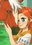  1girl animal_hug blue_eyes bowser closed_mouth english_commentary epona eyelashes fence grass horse malon neckerchief orange_hair orange_neckerchief outdoors shirt sidelocks smile the_legend_of_zelda the_legend_of_zelda:_ocarina_of_time thescandinaviangyger upper_body white_shirt 