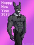  abs absurd_res alkan anthro black_body black_fur blue_eyes bow_tie clothed clothing eyewear fur glasses hi_res lagomorph leporid male mammal muscular muscular_anthro muscular_male navel nipples pecs rabbit solo topless topless_anthro topless_male 